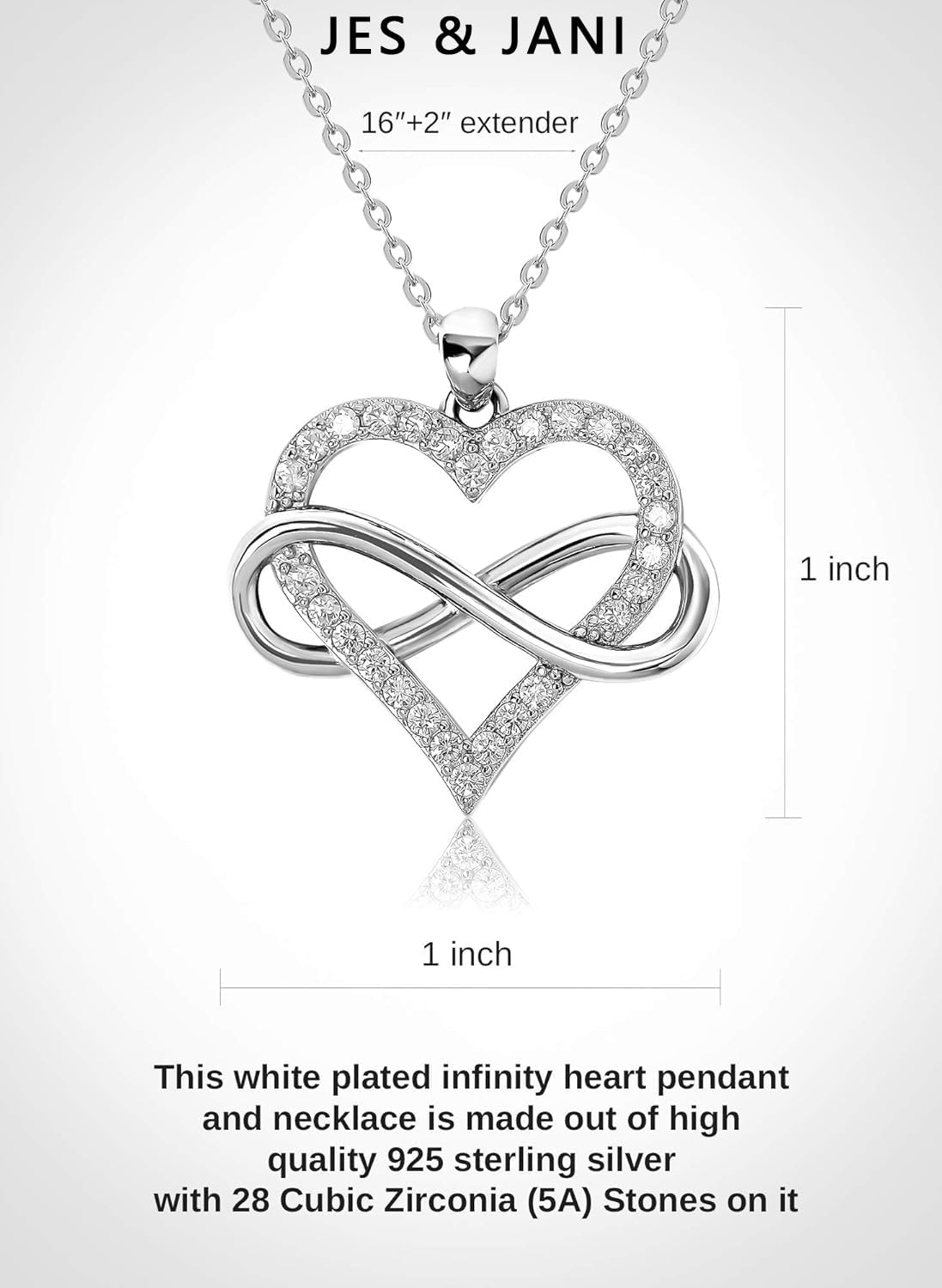 Heart Necklace for Women, Love Heart Pendant with Cubic Zirconia and Infinity Necklace