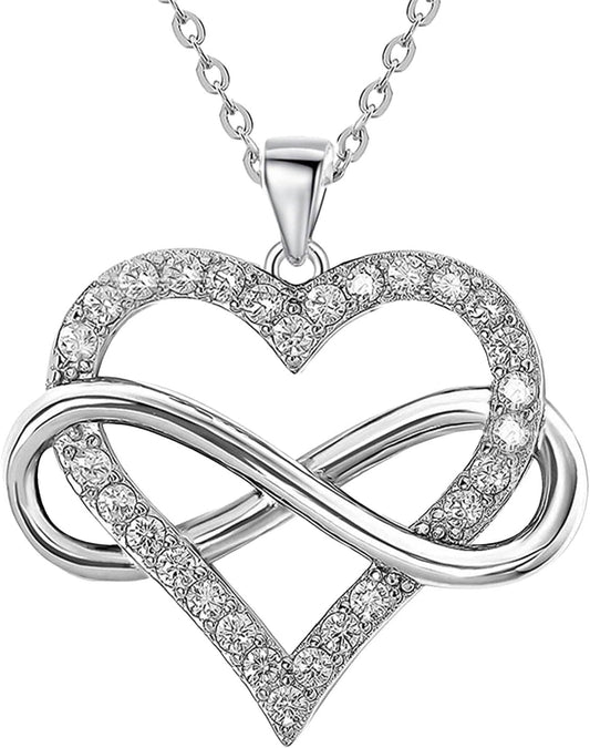 Heart Necklace for Women, Love Heart Pendant with Cubic Zirconia and Infinity Necklace