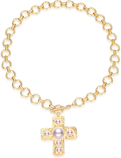 Statement Gold Hammered Bold Cross Necklace Thick Chain Vintage Chain Pendant Jewelry