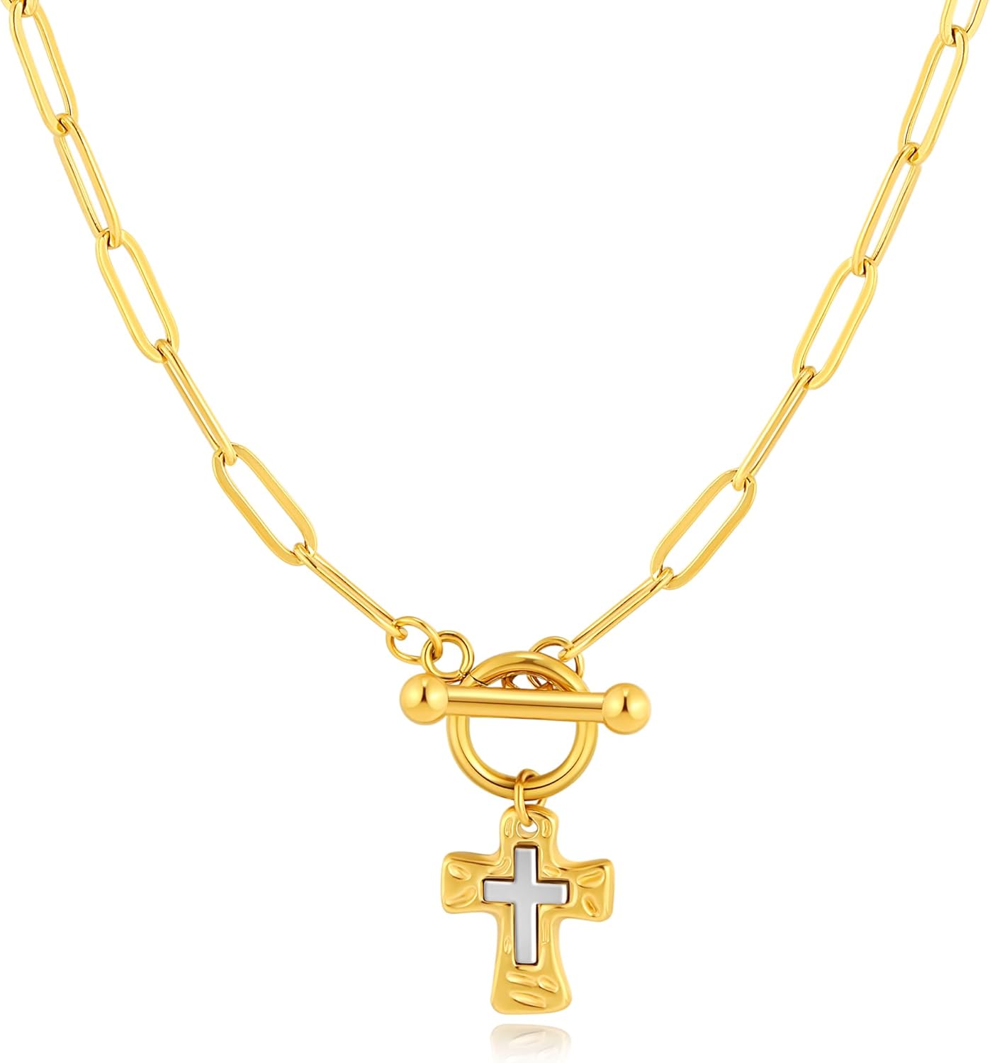 Statement Gold Hammered Bold Cross Necklace Thick Chain Vintage Chain Pendant Jewelry