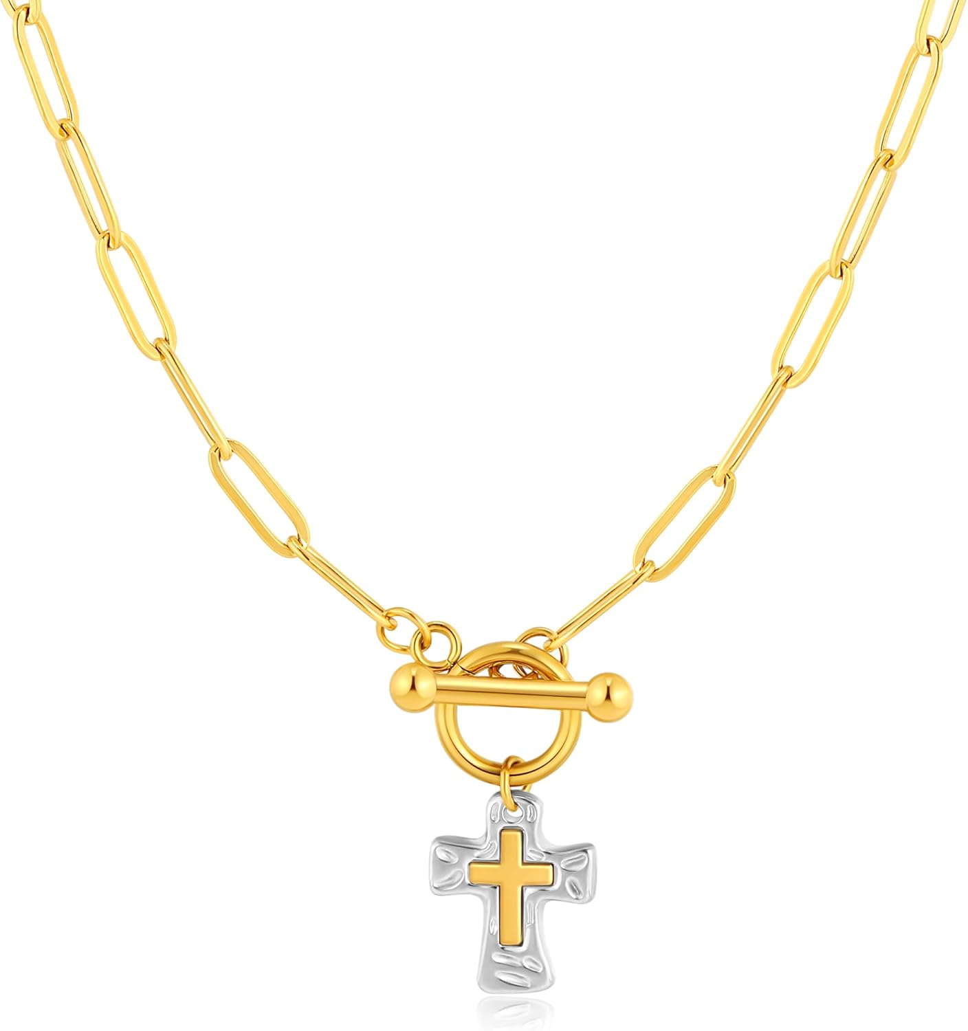 Statement Gold Hammered Bold Cross Necklace Thick Chain Vintage Chain Pendant Jewelry