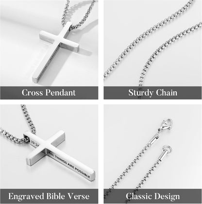 2 Pcs Black Silver Cross Necklace for Men - Inspirational Bible Verse Cross Chain for Men Stainless Steel Cross Pendant Necklace for Men Gifts, Box Chain 18-24 Inch