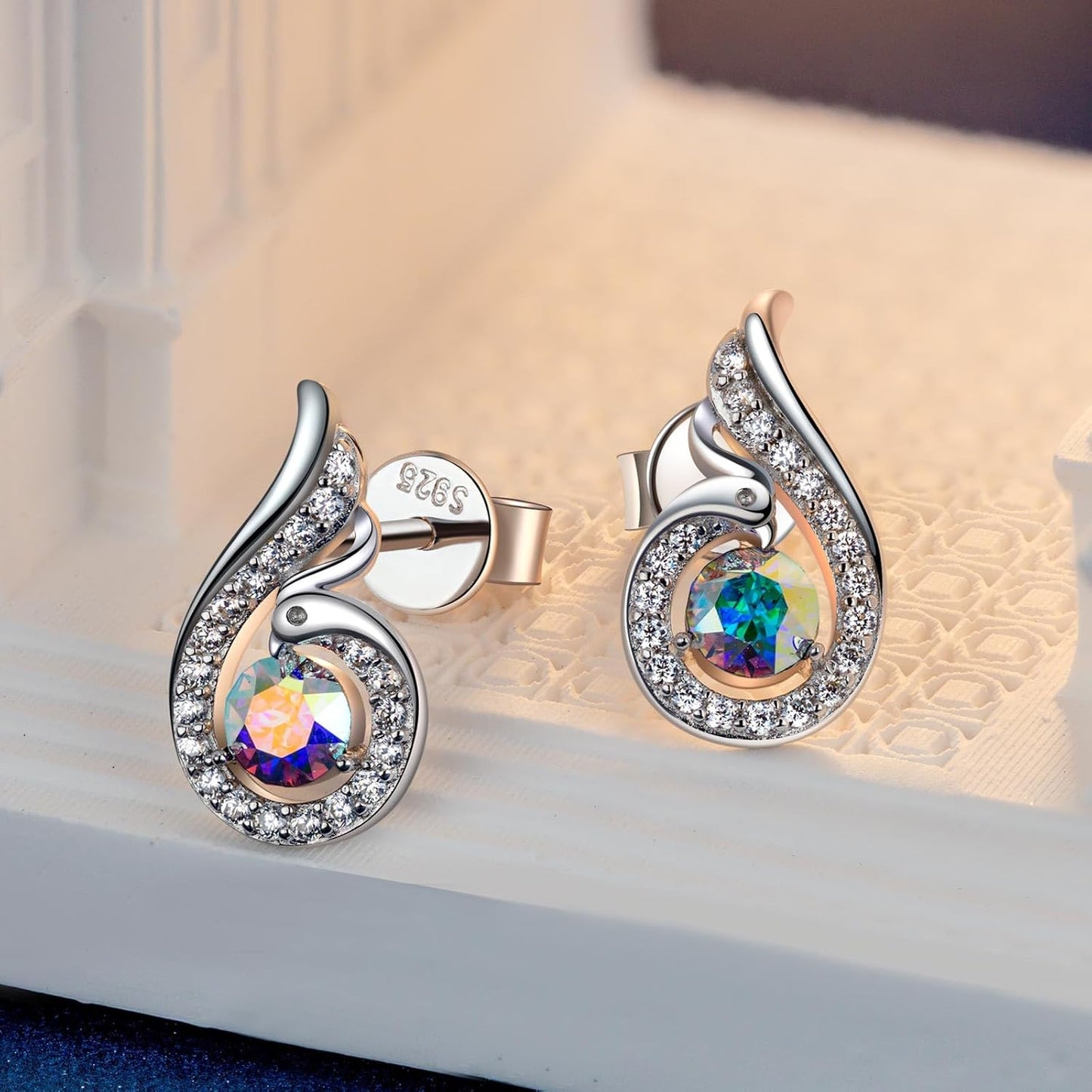 Sterling Silver Phoenix Earrings, Stud Earrings with Crystals from Austria, Packaged with Jewelry Box