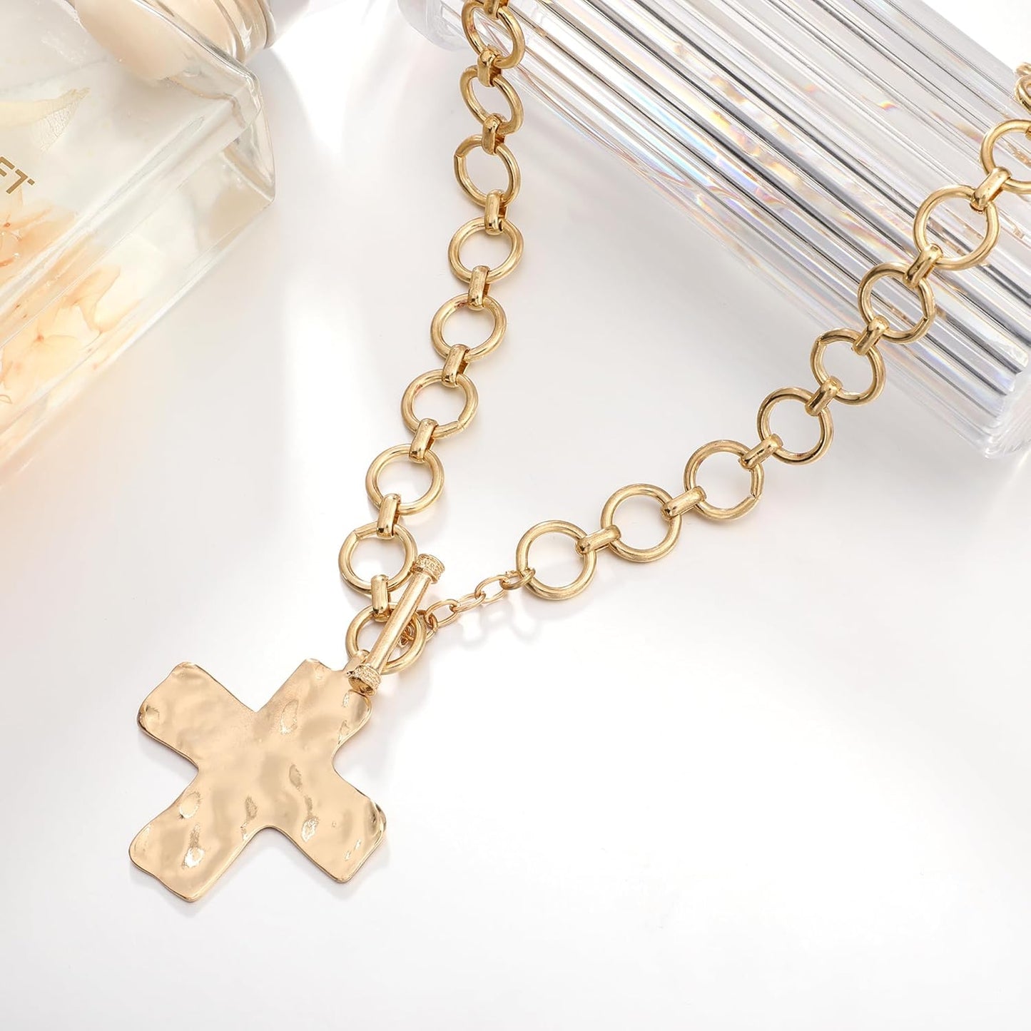 Statement Gold Hammered Bold Cross Necklace Thick Chain Vintage Chain Pendant Jewelry