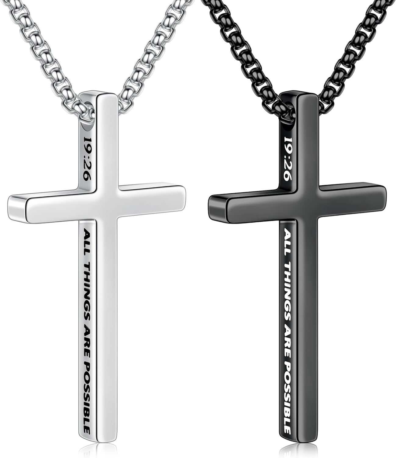 2 Pcs Black Silver Cross Necklace for Men - Inspirational Bible Verse Cross Chain for Men Stainless Steel Cross Pendant Necklace for Men Gifts, Box Chain 18-24 Inch