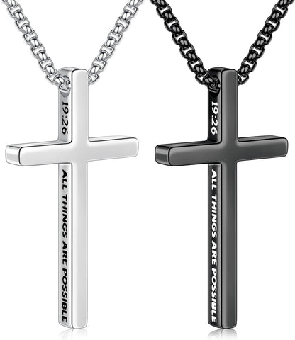 2 Pcs Black Silver Cross Necklace for Men - Inspirational Bible Verse Cross Chain for Men Stainless Steel Cross Pendant Necklace for Men Gifts, Box Chain 18-24 Inch