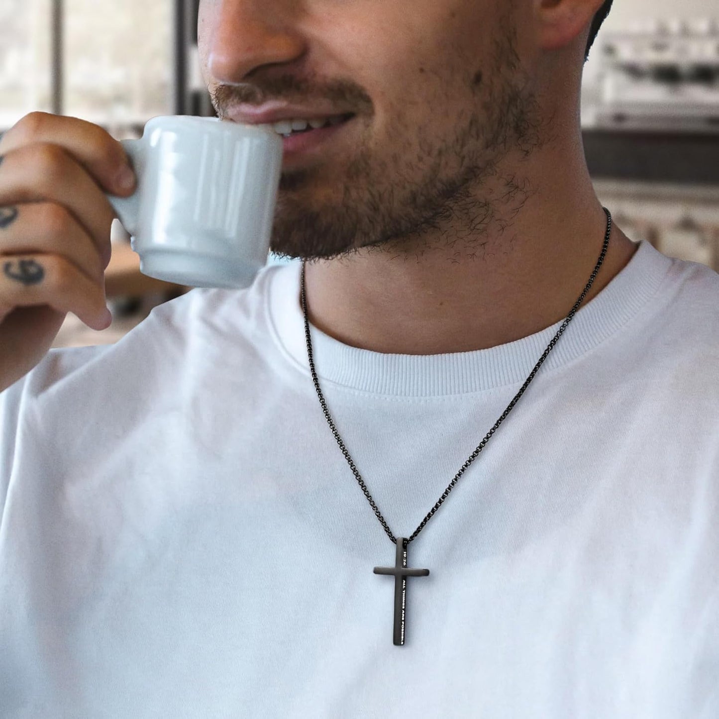 2 Pcs Black Silver Cross Necklace for Men - Inspirational Bible Verse Cross Chain for Men Stainless Steel Cross Pendant Necklace for Men Gifts, Box Chain 18-24 Inch