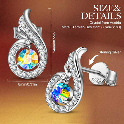 Sterling Silver Phoenix Earrings, Stud Earrings with Crystals from Austria, Packaged with Jewelry Box