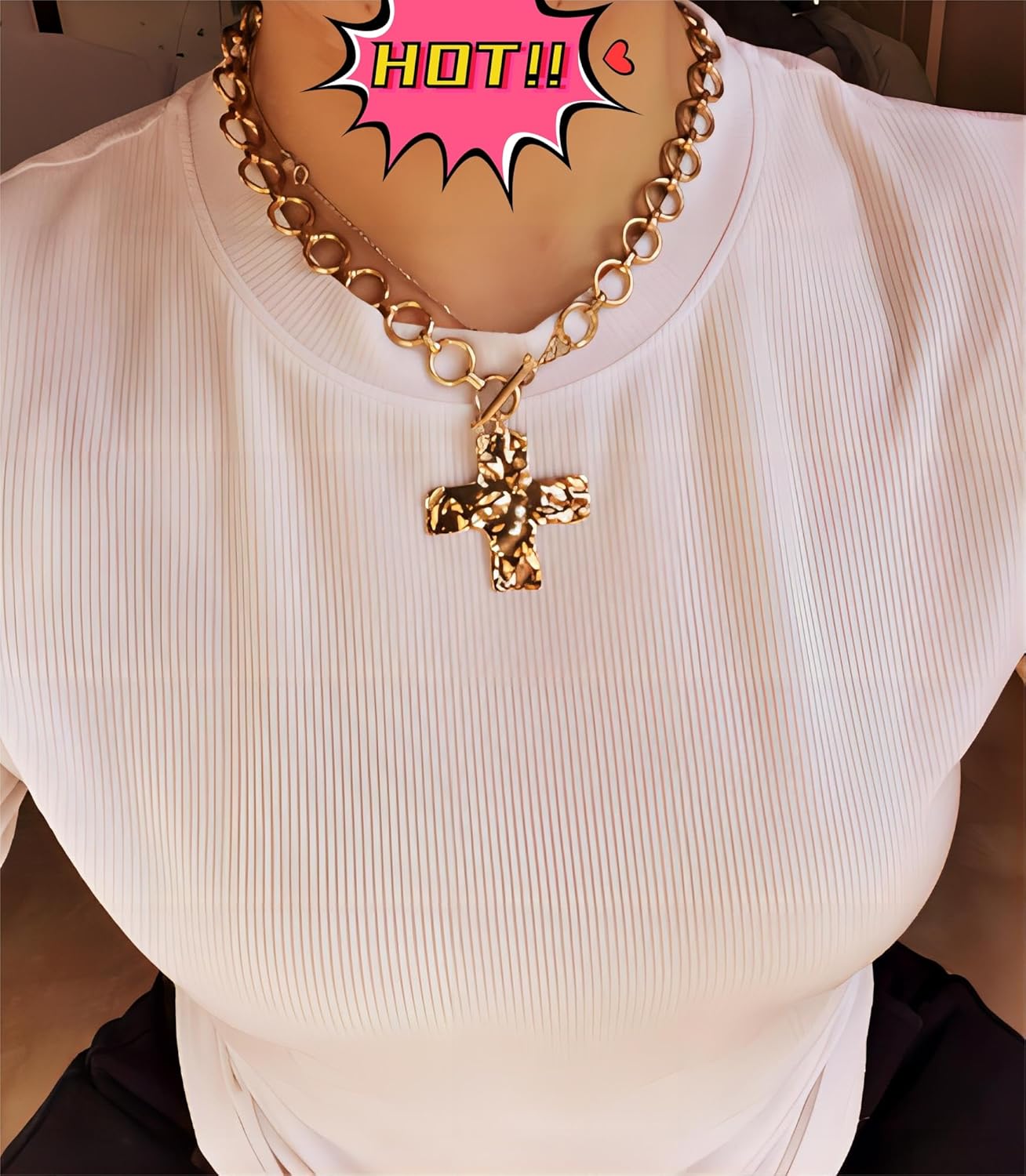 Statement Gold Hammered Bold Cross Necklace Thick Chain Vintage Chain Pendant Jewelry