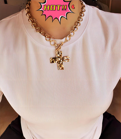 Statement Gold Hammered Bold Cross Necklace Thick Chain Vintage Chain Pendant Jewelry