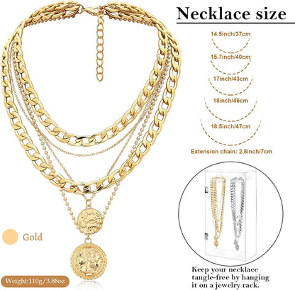 Gold Layered Necklaces for Women Trendy Retro Coin Pendant Necklace Dainty Chunky Chain Choker Necklaces for Jewelry Birthday Gifts