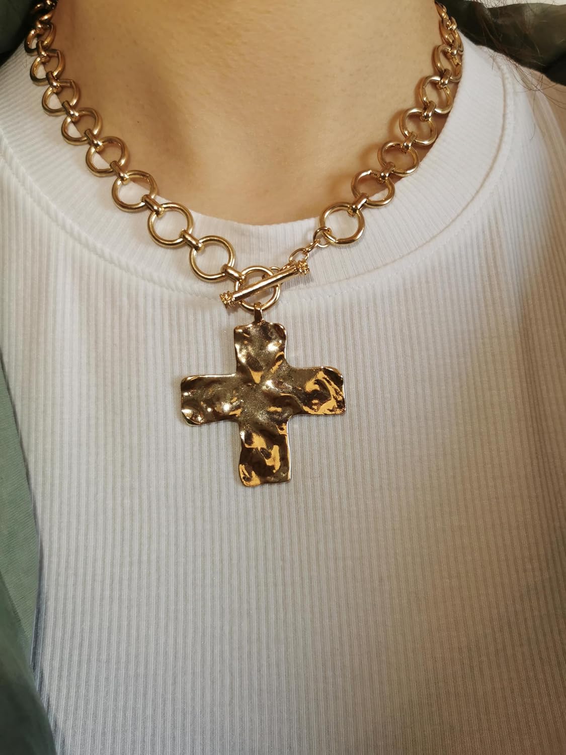 Statement Gold Hammered Bold Cross Necklace Thick Chain Vintage Chain Pendant Jewelry