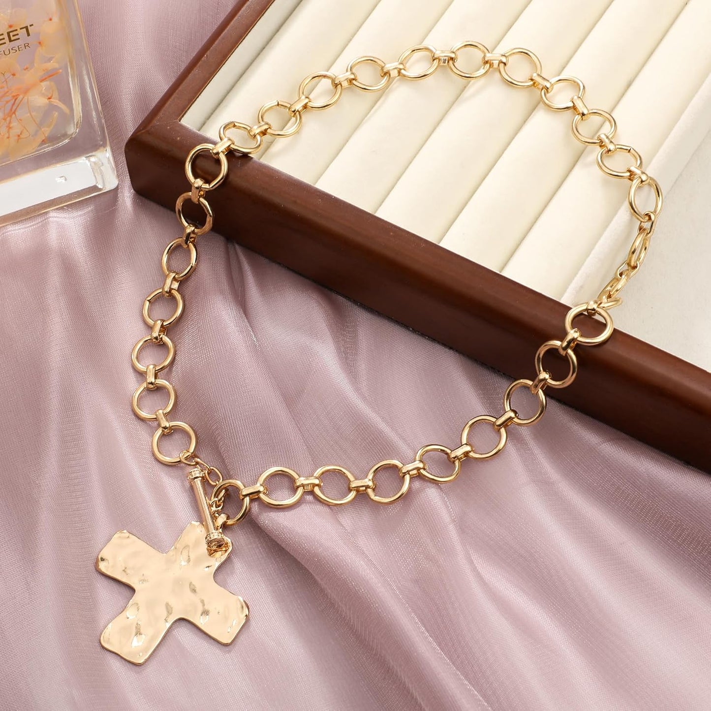 Statement Gold Hammered Bold Cross Necklace Thick Chain Vintage Chain Pendant Jewelry