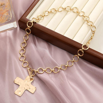 Statement Gold Hammered Bold Cross Necklace Thick Chain Vintage Chain Pendant Jewelry