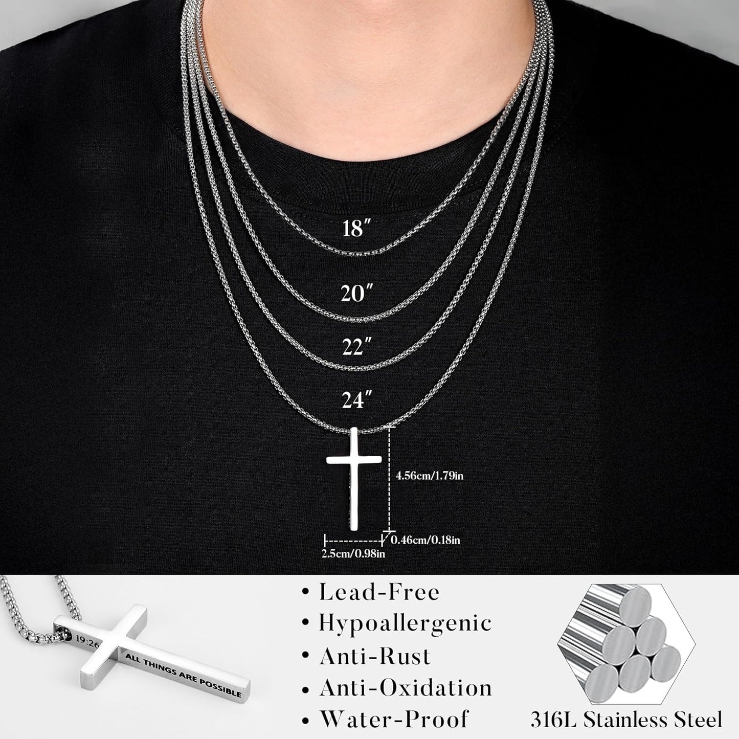 2 Pcs Black Silver Cross Necklace for Men - Inspirational Bible Verse Cross Chain for Men Stainless Steel Cross Pendant Necklace for Men Gifts, Box Chain 18-24 Inch