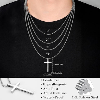 2 Pcs Black Silver Cross Necklace for Men - Inspirational Bible Verse Cross Chain for Men Stainless Steel Cross Pendant Necklace for Men Gifts, Box Chain 18-24 Inch