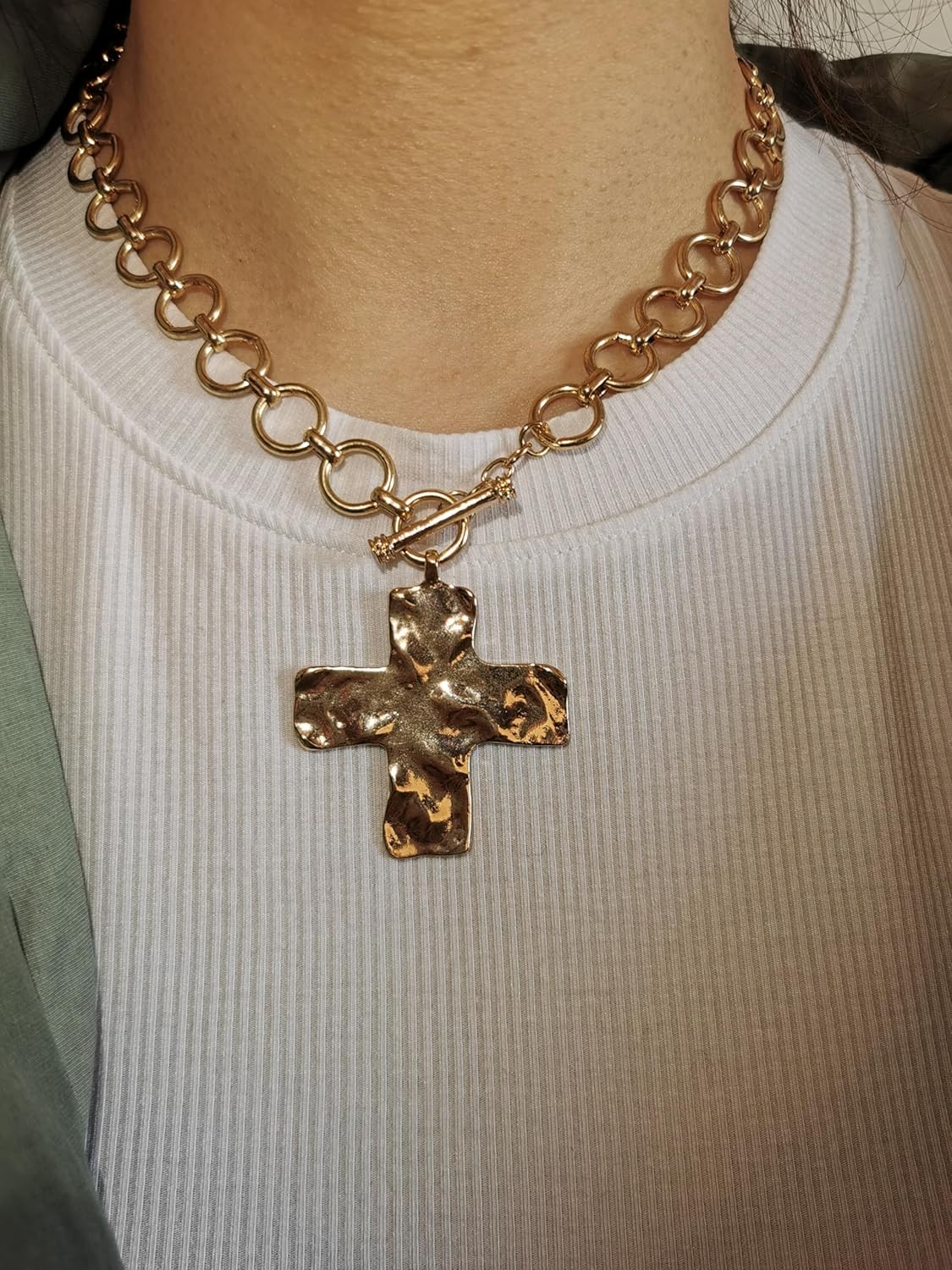 Statement Gold Hammered Bold Cross Necklace Thick Chain Vintage Chain Pendant Jewelry