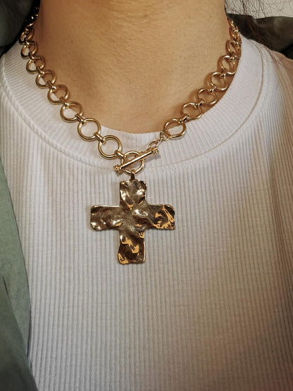 Statement Gold Hammered Bold Cross Necklace Thick Chain Vintage Chain Pendant Jewelry