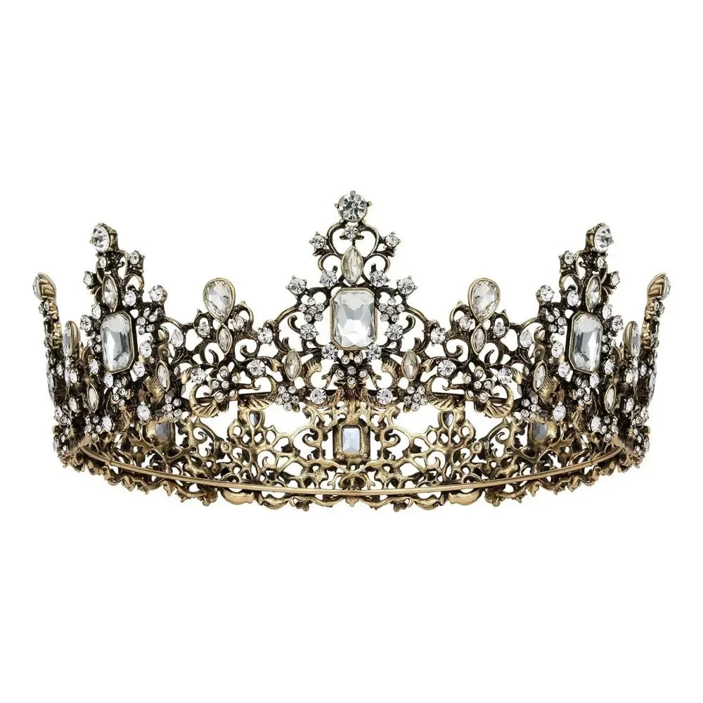 Jeweled Baroque Queen Crown for Women - Rhinestone Wedding Crowns, Bronze Costume Hair Accessories for Cosplay Birthday Party