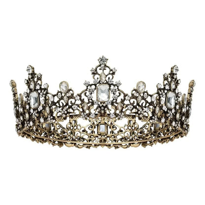 Jeweled Baroque Queen Crown for Women - Rhinestone Wedding Crowns, Bronze Costume Hair Accessories for Cosplay Birthday Party