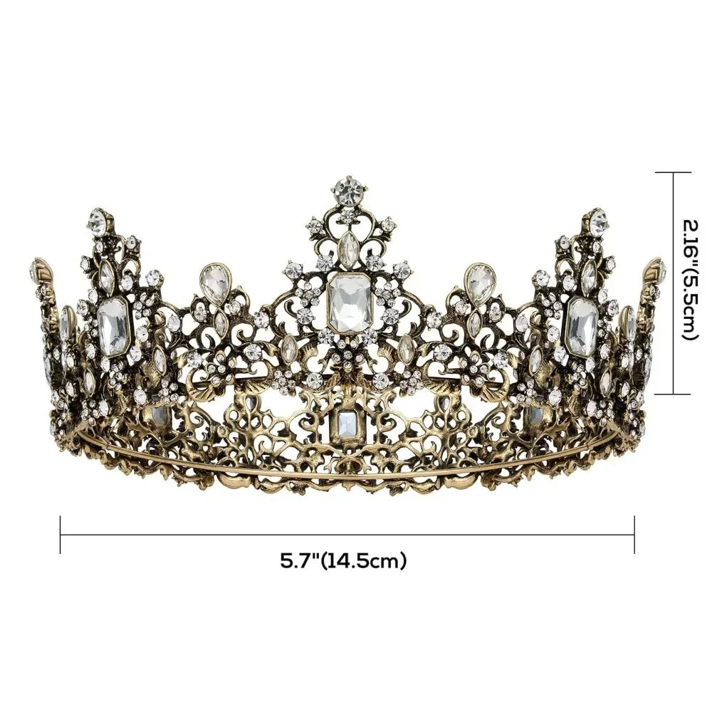 Jeweled Baroque Queen Crown for Women - Rhinestone Wedding Crowns, Bronze Costume Hair Accessories for Cosplay Birthday Party