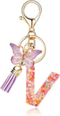 Fashion Alphabet Initial Letter Keychain Tassel Butterfly Pendant Key Ring for Purse Handbags Women Girl