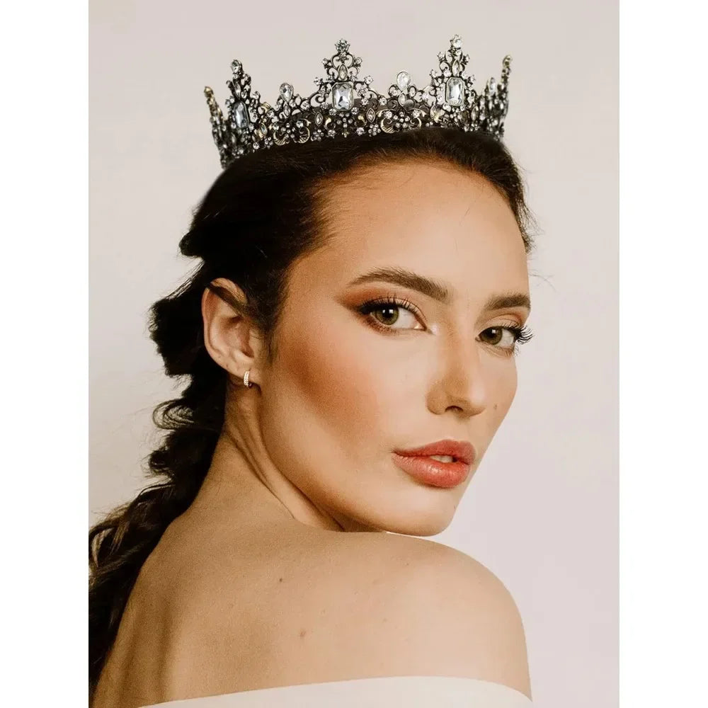 Jeweled Baroque Queen Crown for Women - Rhinestone Wedding Crowns, Bronze Costume Hair Accessories for Cosplay Birthday Party