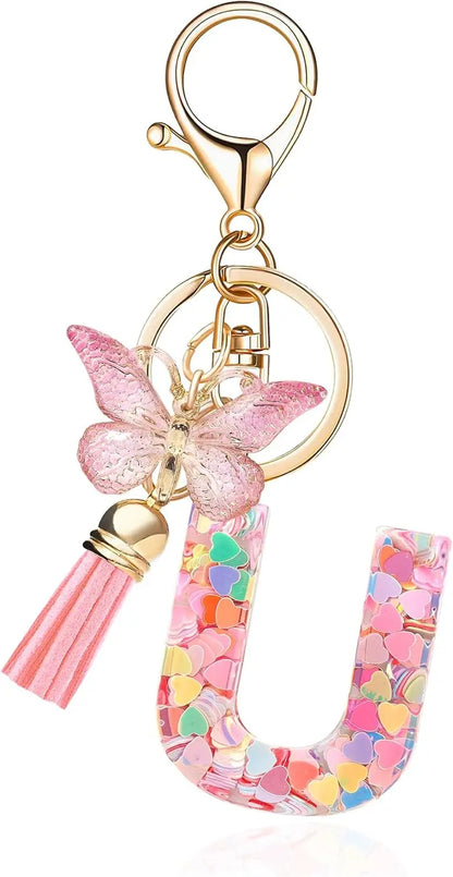 Fashion Alphabet Initial Letter Keychain Tassel Butterfly Pendant Key Ring for Purse Handbags Women Girl