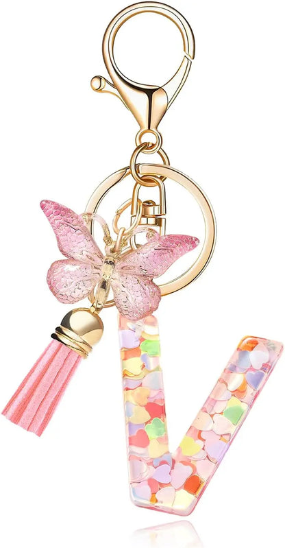 Fashion Alphabet Initial Letter Keychain Tassel Butterfly Pendant Key Ring for Purse Handbags Women Girl