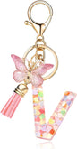 Fashion Alphabet Initial Letter Keychain Tassel Butterfly Pendant Key Ring for Purse Handbags Women Girl