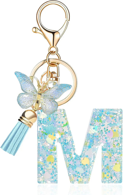 Fashion Alphabet Initial Letter Keychain Tassel Butterfly Pendant Key Ring for Purse Handbags Women Girl