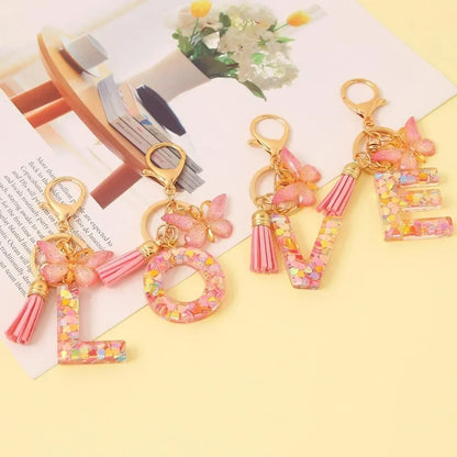 Fashion Alphabet Initial Letter Keychain Tassel Butterfly Pendant Key Ring for Purse Handbags Women Girl