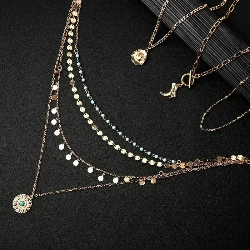 6 Pcs Cowgirl Jewelry for Women Turquoise Chain Layered Necklace Cowgirl Boot Hat Earring