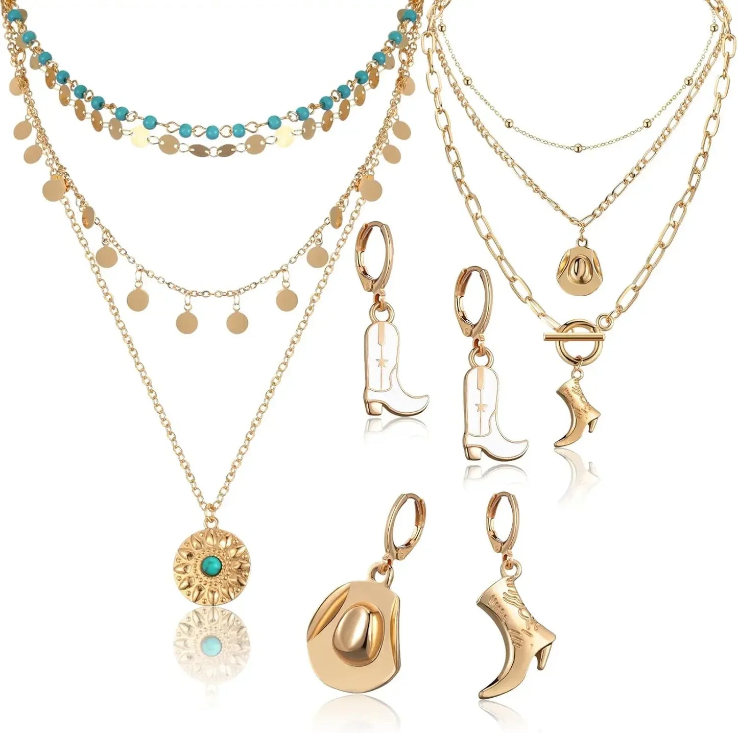 6 Pcs Cowgirl Jewelry for Women Turquoise Chain Layered Necklace Cowgirl Boot Hat Earring