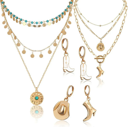 6 Pcs Cowgirl Jewelry for Women Turquoise Chain Layered Necklace Cowgirl Boot Hat Earring