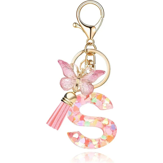 Fashion Alphabet Initial Letter Keychain Tassel Butterfly Pendant Key Ring for Purse Handbags Women Girl