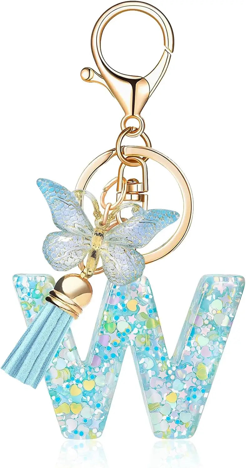 Fashion Alphabet Initial Letter Keychain Tassel Butterfly Pendant Key Ring for Purse Handbags Women Girl