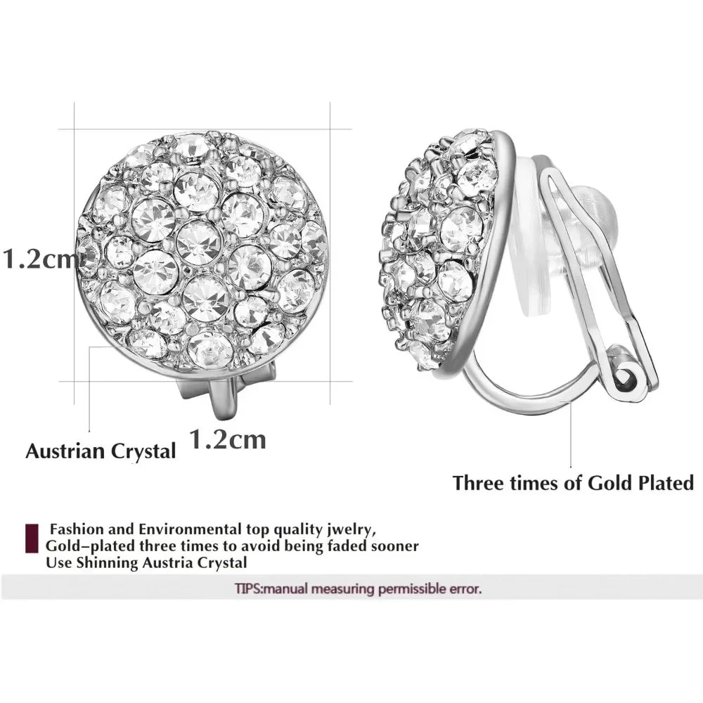 Clip On Earrings with Round Austrian Crystals Christmas Gifts For Women Kids Non Pierced Ears