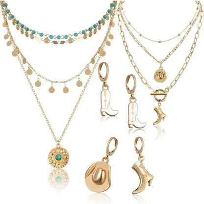 6 Pcs Cowgirl Jewelry for Women Turquoise Chain Layered Necklace Cowgirl Boot Hat Earring