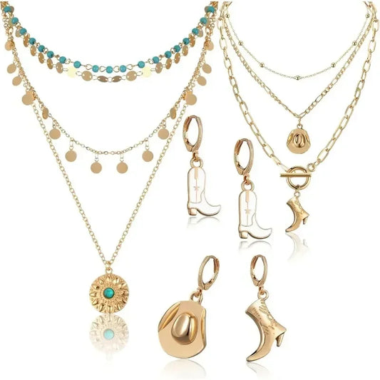 6 Pcs Cowgirl Jewelry for Women Turquoise Chain Layered Necklace Cowgirl Boot Hat Earring
