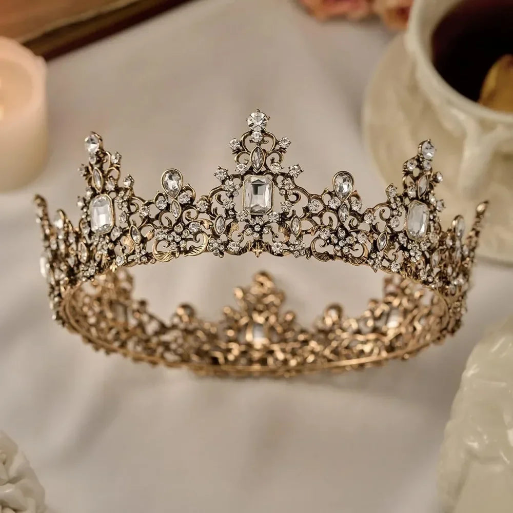 Jeweled Baroque Queen Crown for Women - Rhinestone Wedding Crowns, Bronze Costume Hair Accessories for Cosplay Birthday Party