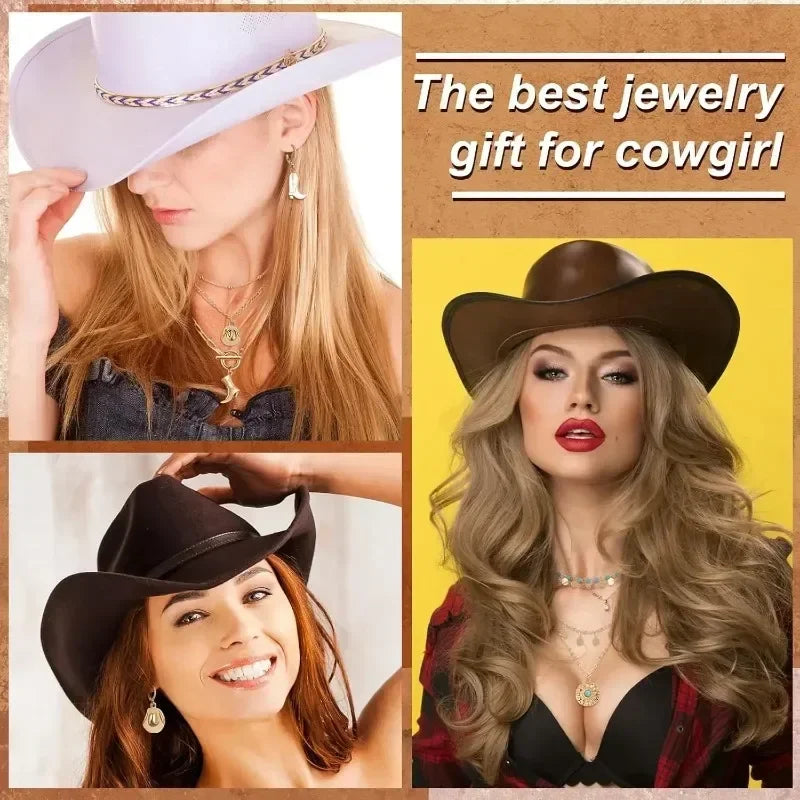 6 Pcs Cowgirl Jewelry for Women Turquoise Chain Layered Necklace Cowgirl Boot Hat Earring
