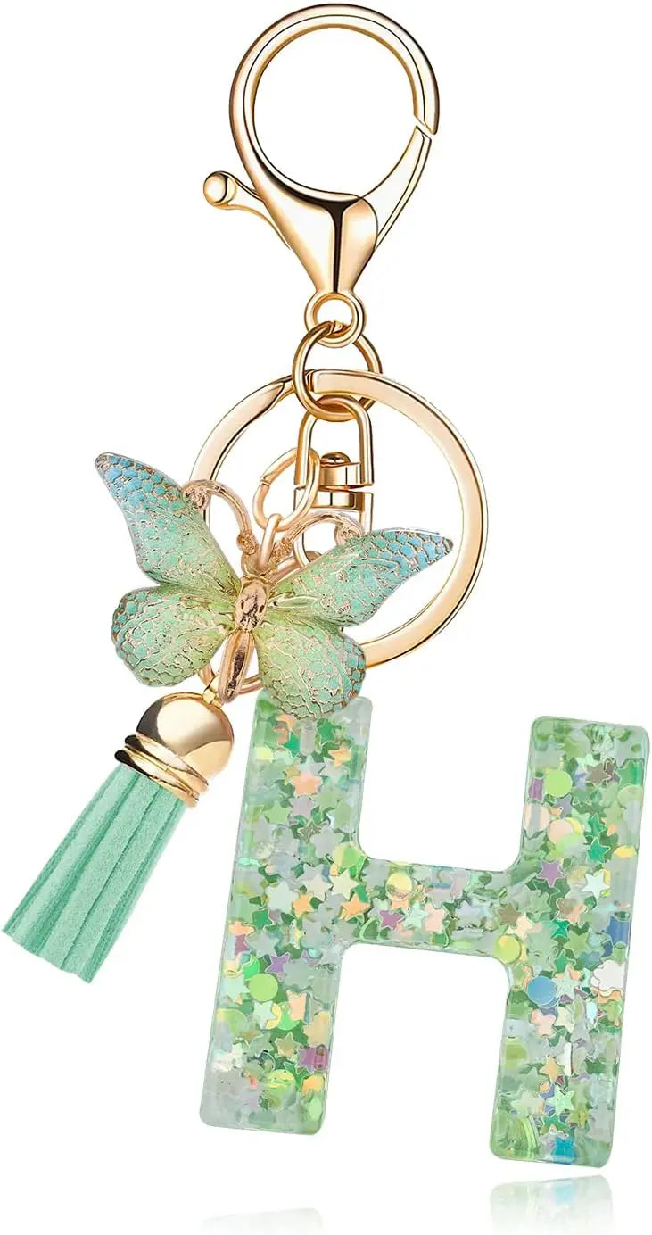 Fashion Alphabet Initial Letter Keychain Tassel Butterfly Pendant Key Ring for Purse Handbags Women Girl