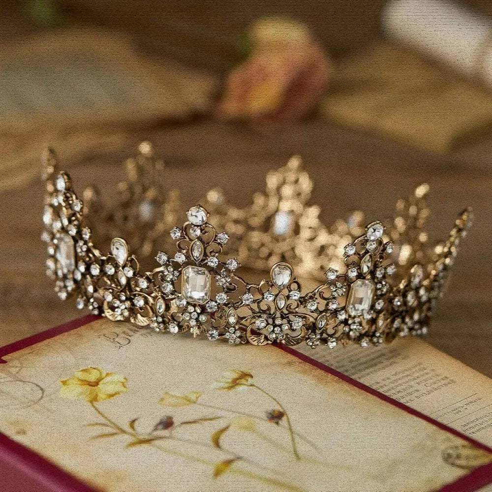 Jeweled Baroque Queen Crown for Women - Rhinestone Wedding Crowns, Bronze Costume Hair Accessories for Cosplay Birthday Party