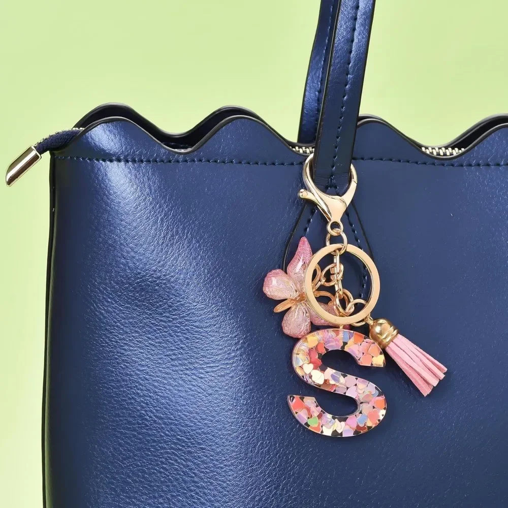 Fashion Alphabet Initial Letter Keychain Tassel Butterfly Pendant Key Ring for Purse Handbags Women Girl