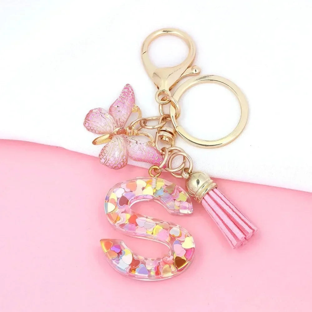 Fashion Alphabet Initial Letter Keychain Tassel Butterfly Pendant Key Ring for Purse Handbags Women Girl